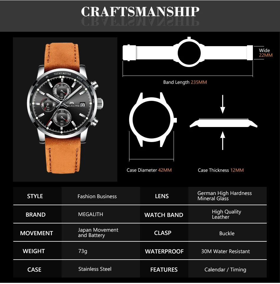 Военные спортивные мужские часы MEGALITH деловые повседневные кожаные кварцевые часы мужские водонепроницаемые наручные часы с хронографом и датой часы для мужчин