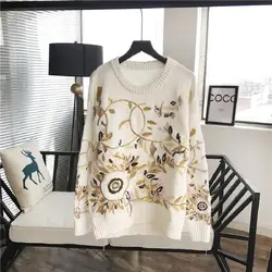 2018 осень-зима шикарные листья пайетки белые свитера пуловеры Для женщин с длинным рукавом женский взлетно-посадочной полосы дизайнер