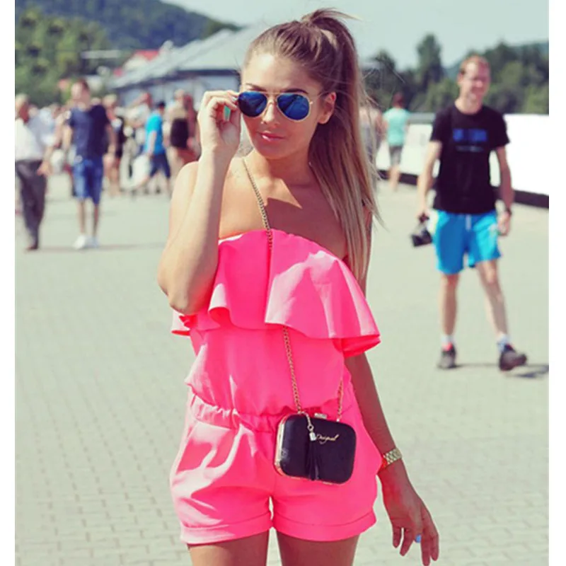 

Oufisun Summer Sexy Off Shouldr Strapless Women Jumpsuit Casual Beach Ruffles Backless Bodysuit Candy Color Sleeveless Playsuits