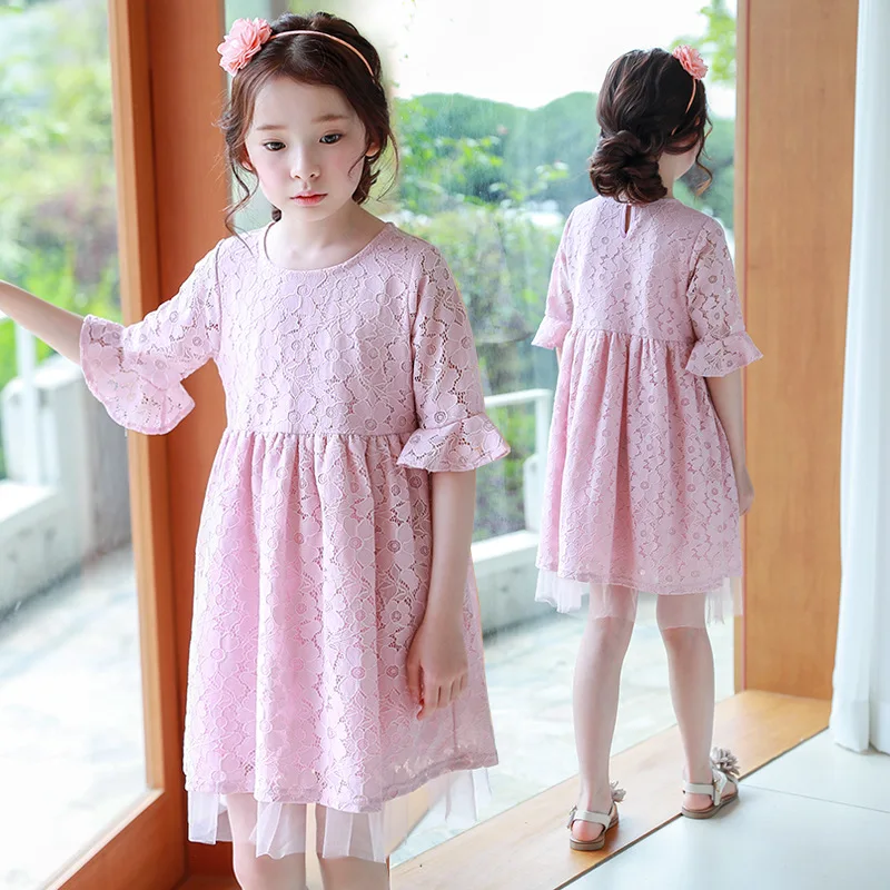 pink petal sleeve big girls lace dress baby clothes age 10 11 12 13 15 years girls party dress