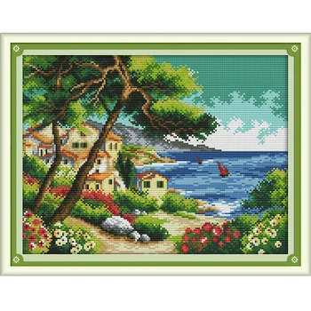 

The Seaside village Printed Canvas DMC Counted DIY Chinese Cross Stitch Kits printed Cross-stitch set Embroidery Needlework