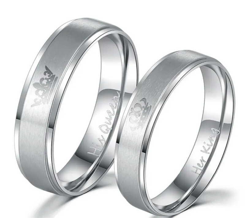 

6mm IP Silver color 316L stainless steel HIS QUEEN and HER KING couple rings for lovers
