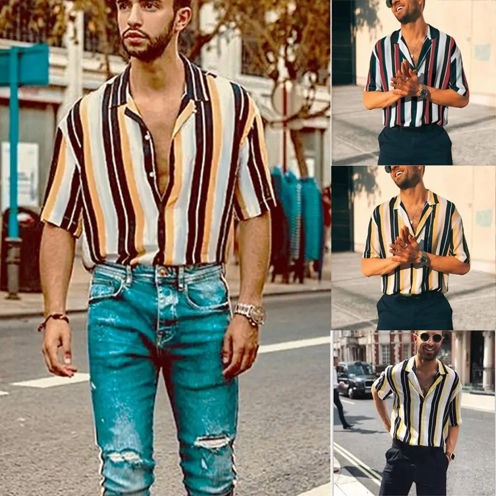 

2019 Summer Men's Plus Size Tops Shirts Striped Pattern Printing Tee Short-Sleeve camisa masculina streetwear hawaiian shirt