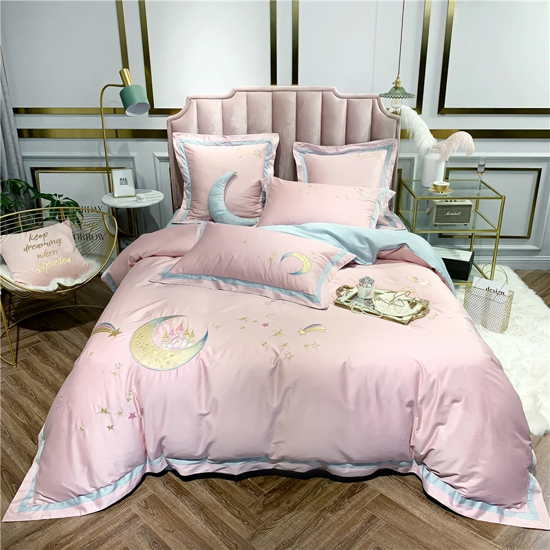 

Star Moon Castle Embroidery Princess Girl Child Egyptian Cotton Bedding Set Pink Blue Duvet Cover Bed Sheet/Linen Pillowcases