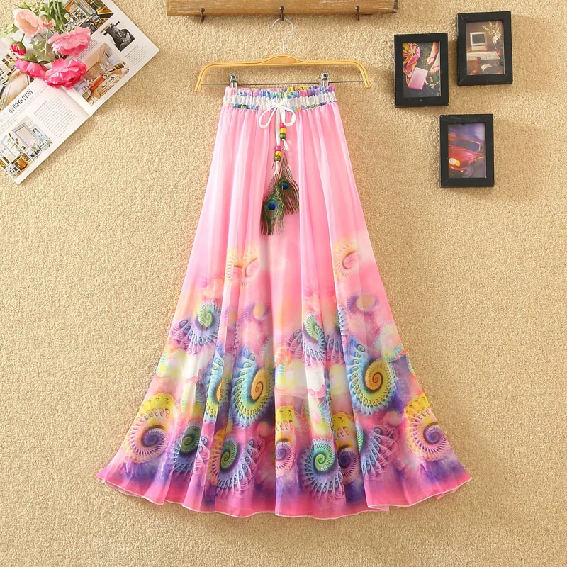 

2019 Summer New Fashion Vintage Bohemia Chiffon Floral Printed Women Boho Floor-Length Long Maxi Beach Party Loose Flare Skirt