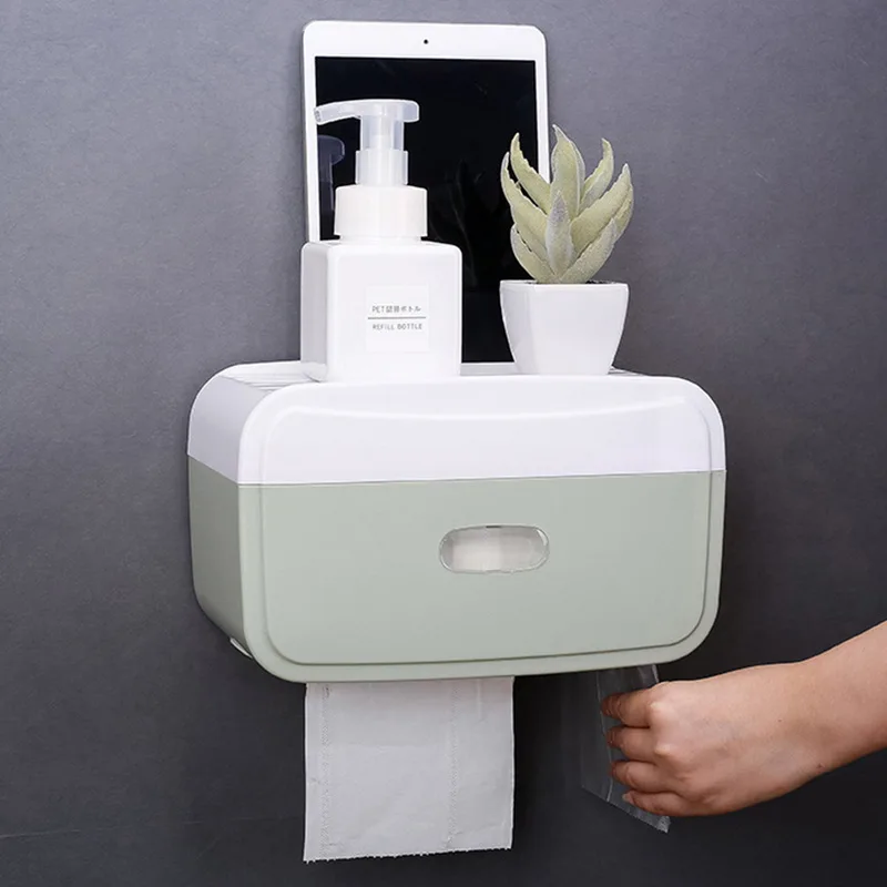 

Urijk Functional Seamless Wall Mounted Shelf Rack Waterproof Cosmetic Organizer Large Capacity Tissue Holder For Bathroom