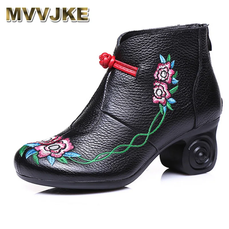 La Noir Beauté Zapatos À Chaussures Rétro Mvvjke Floral Haute Cuir Cheville Femmes Talons gris Véritable Bottes Brodé Main En rouge Printemps Chaud 8nPkO0XNw