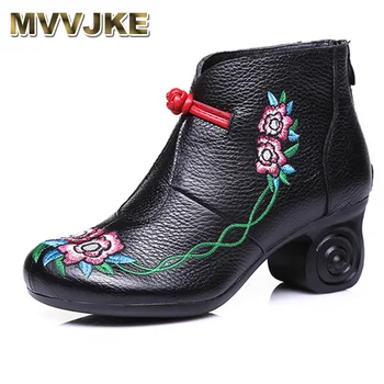 

MVVJKE Women Genuine Leather Spring Ankle Boots Retro Beauty Handmade Floral Warm Shoes Embroidered High Heels Boots Zapatos