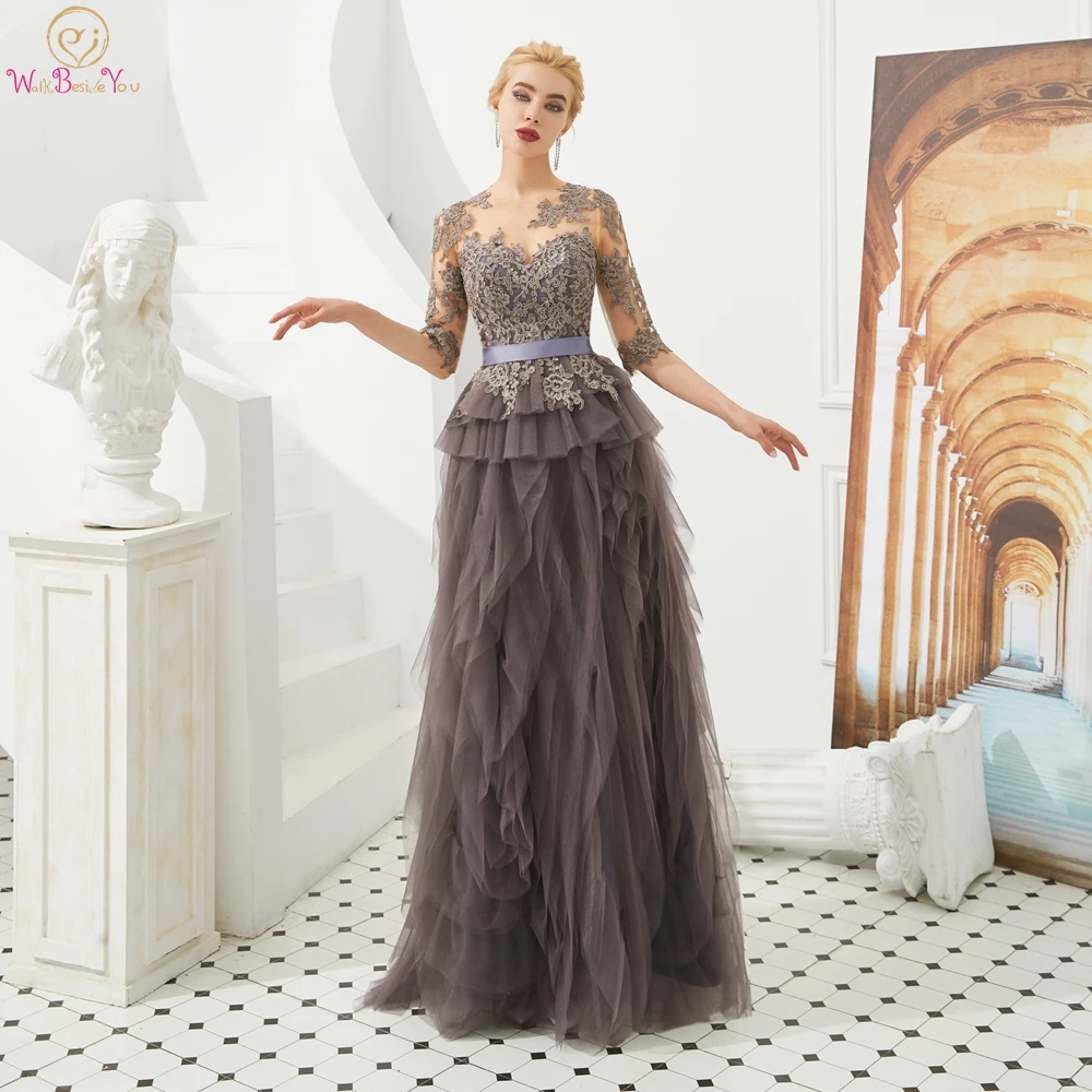

Brown Evening Dresses 2019 Three Quarter Sleeves Lace Appliques Mother Dresses A Line Ruffles Prom Gowns Formal Party 100% Real