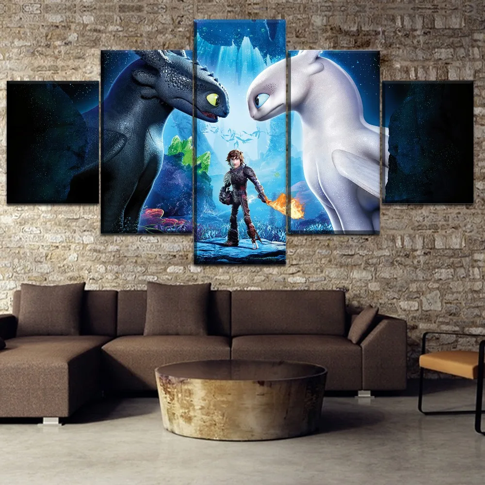 Художественное полотно на стену с изображением героев мультфильмов 5 панелей Как приручить дракона плакаты Беззубик картина из 5 частей рамка