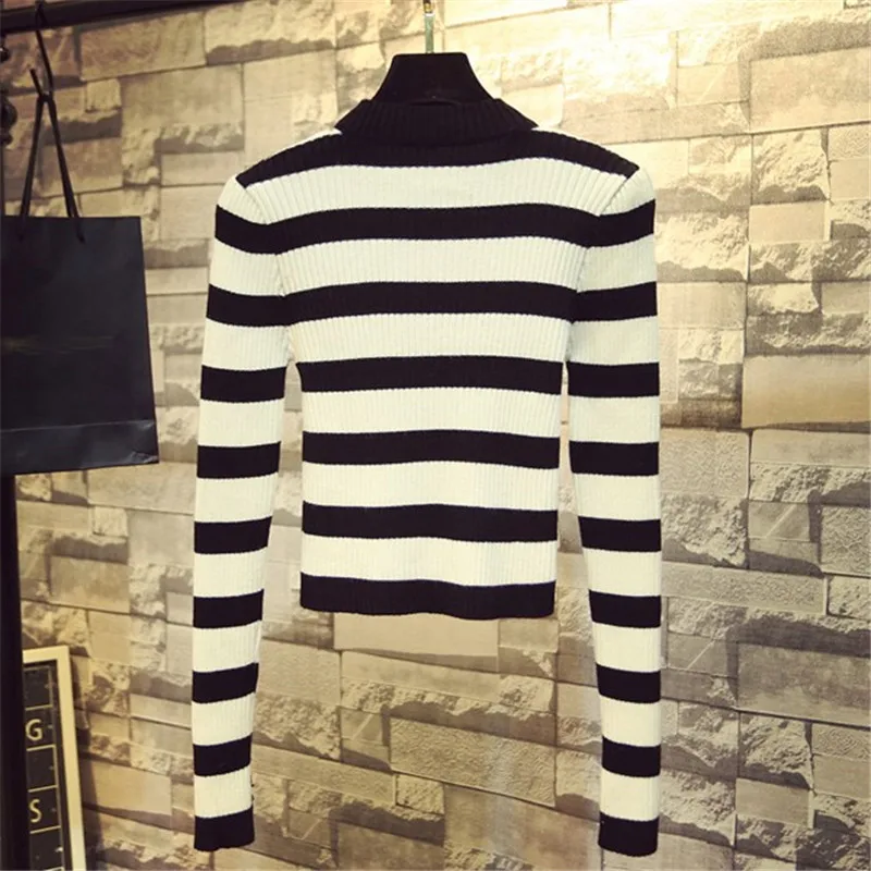 Neploe, осенний корейский женский свитер, водолазка, тонкий, Sueter Mujer, длинный рукав, полосатый, вязаный, короткий, пуловер, 68509 - Цвет: white stripes