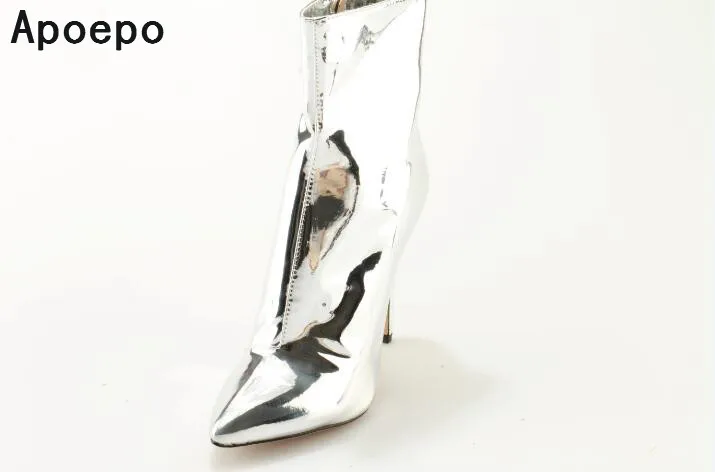 

hot selling pointed toe high heel boots high quality metallic gold leather ankle boots 2017 sexy riding boots gold silver