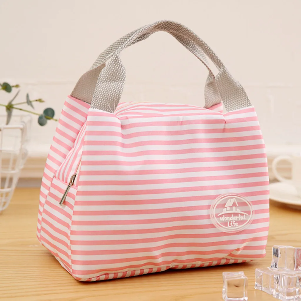 

Home Fashion Luch Bag Insulated Cold Canvas Stripe Picnic Carry Case Thermal Portable Lunch Bag Student Food Storage Bags 2019