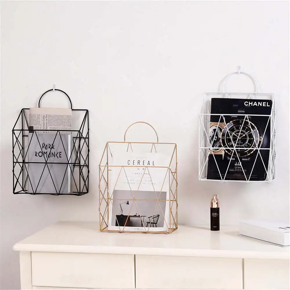 

Nordic Book Shelf Gold Storage Baskets with Handle Modern Desktop Books Magazines Organization Shelf Wall Metal Storage Basket