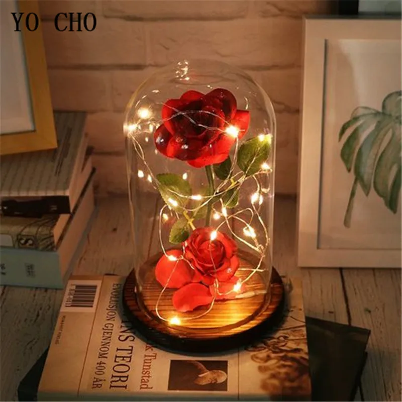 Two White Roses in Glass Dome LED Lamp with Rose #07265 Artificial Flowers in Glass Cover Wedding Decoration Valentine's & Birthday Gift