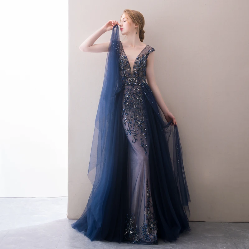 Navy Blue Evening Dress Elegant Robe Longue Vestido De Festa A Line Evening Dresses Long Dress Party Gowns 2019 Robe De Soiree