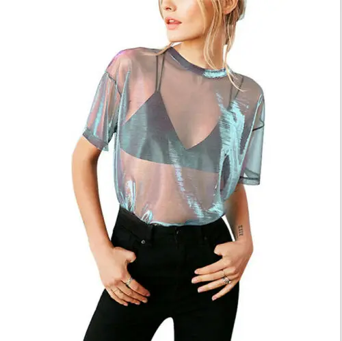 Летняя Сексуальная Сетчатая футболка женская рубашка с коротким рукавом с вырезом лодочкой женские свободные прозрачные футболки топы открытая футболка - Цвет: Серебристый