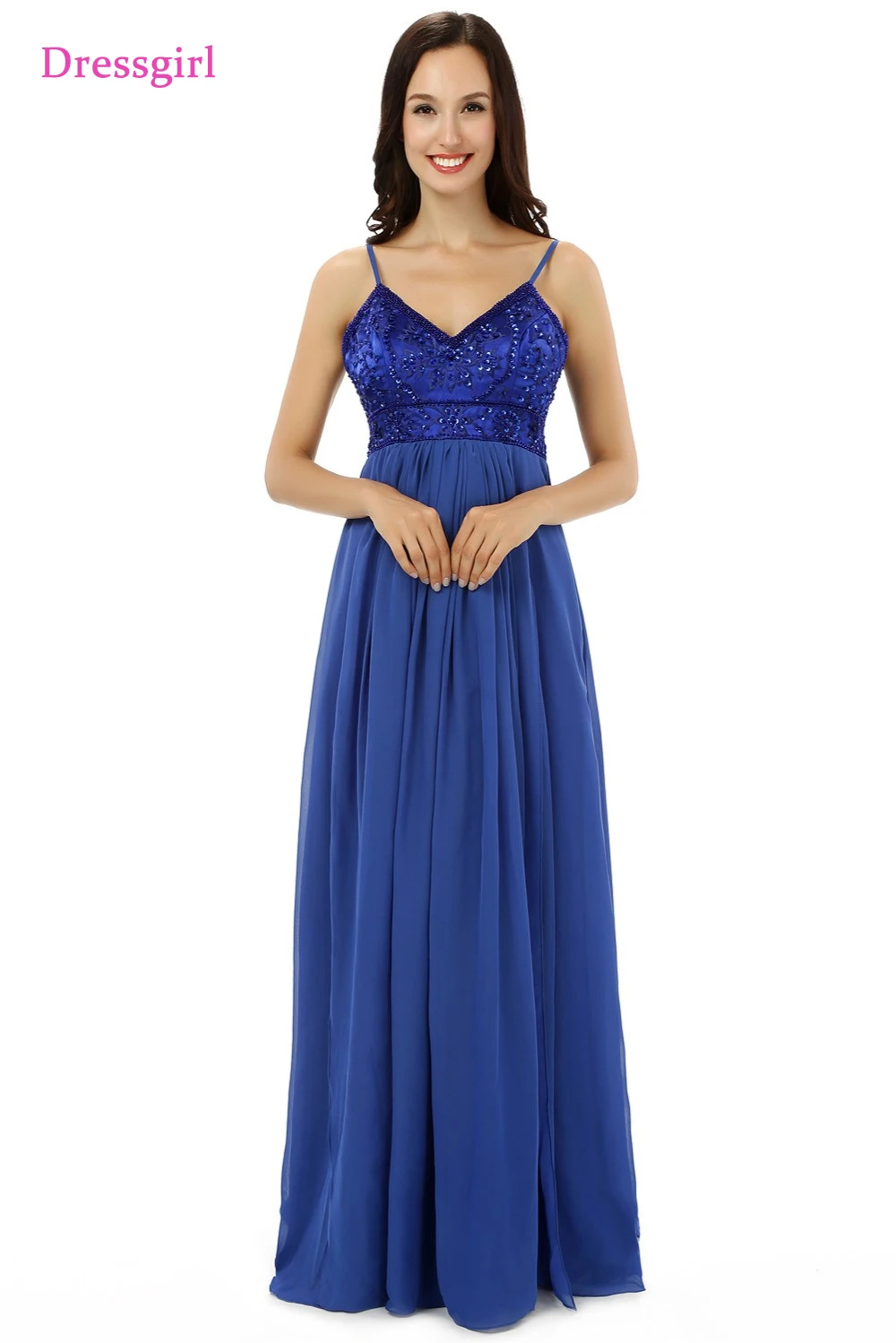 Royal Blue Evening Dresses A line Spaghetti Straps Chiffon Embroidery Long Evening Gown Prom