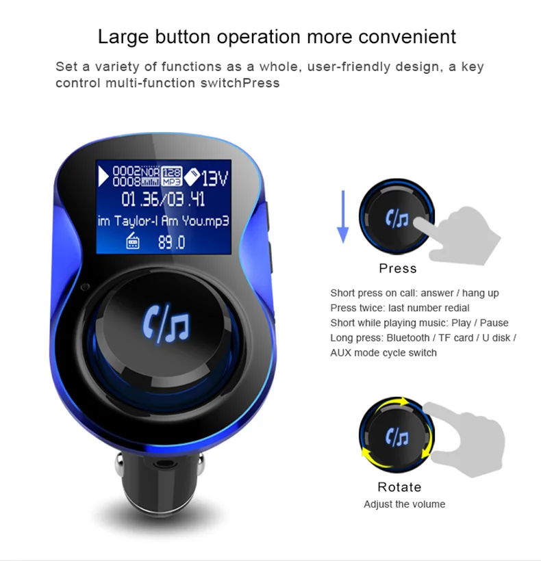 Fivetech Multifunctional Bluetooth Handsfree Car Charger 2USB Digital Display MP3 Player  GPS FM Transmitter for mobile phone  (7)
