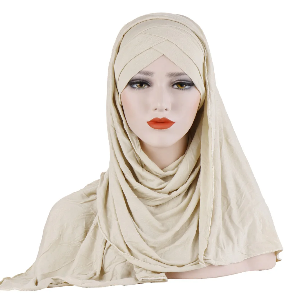 Аксессуары для волос женский хиджаб головной платок тюрбан шапка женская хлопковая чистый цвет лоб крест головной платок шляпа воротник - Цвет: Бежевый