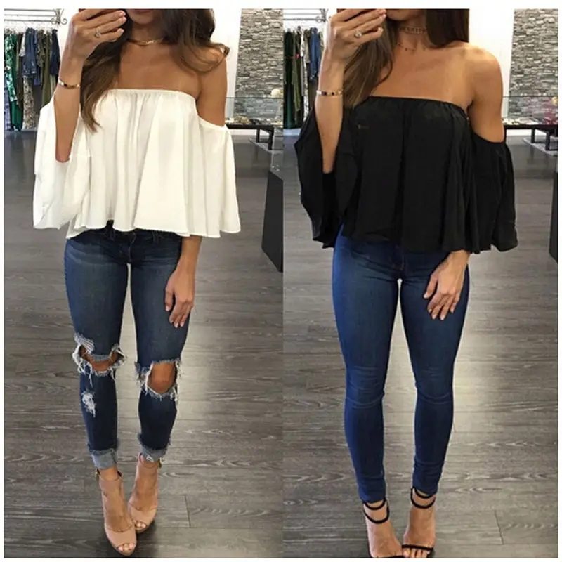 

Cropped Tops 2017 Kawaii Summer Shirts Flare Sleeve Blusa Feminina Women Blouse Chiffon Blusas Sexy Off Shoulder Top Party