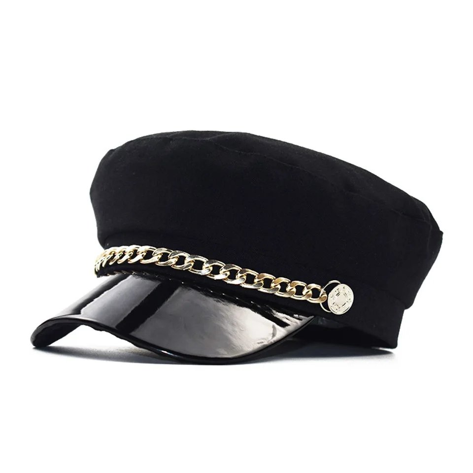 

Female hat spring 100% cotton navy hat fashion black leather fixed crown silver buckle winter warm women men hat Berets hat cap