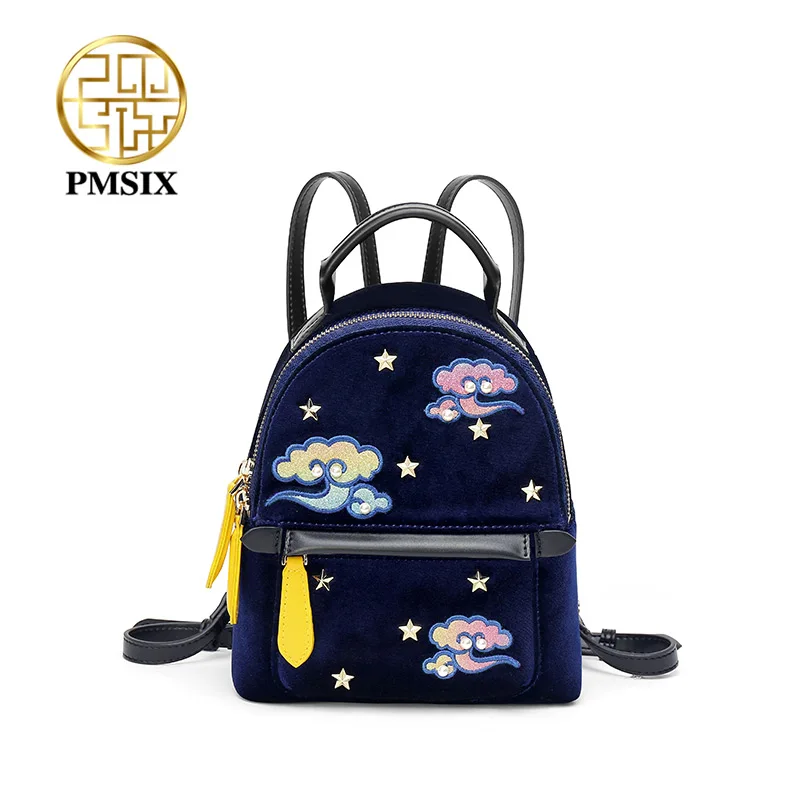 

PMSIX Women Famous Brands High Quality Velour Blue Backpack Casual Zipper Feminina Bolsas Embroidery Flowers Bags For Women 2019