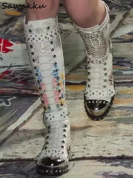 

Newest Rivets Studded Long Boots Women Leather Printed Flowers Motorcycle Knee High Boots Round toe Buckled Strap Shoes Feminina