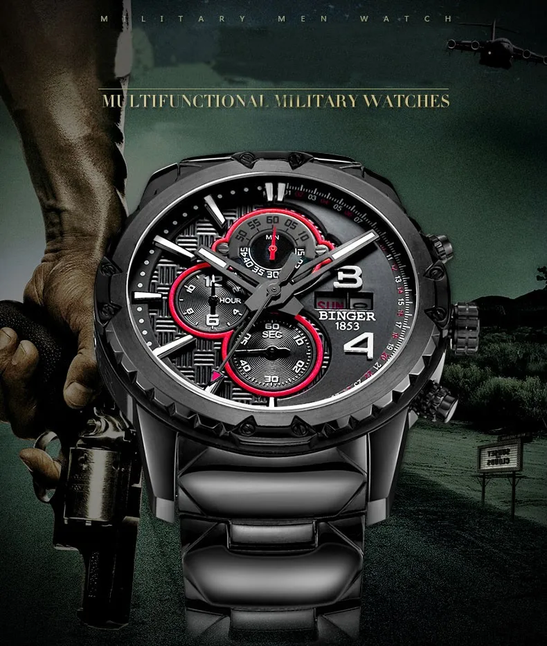 Watches Men Luxury Original Brand BINGER Sport Watches Men Fashion wristwatch Chronograph waterproof Male leather Quartz watch