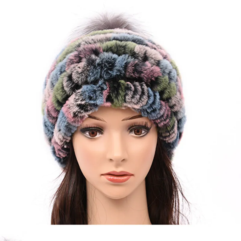 

Multi Color Autumn Winter Women's Genuine Knitted Rabbit Fur Hats Fox Fur Poms Poms Caps Lady Ear Protector VF7024