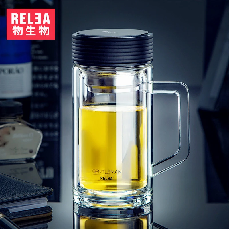 

High quality portable crystal mug water Tea Infuser Glass Tumbler double layer borosilicate glass stainless steel filter cup lid