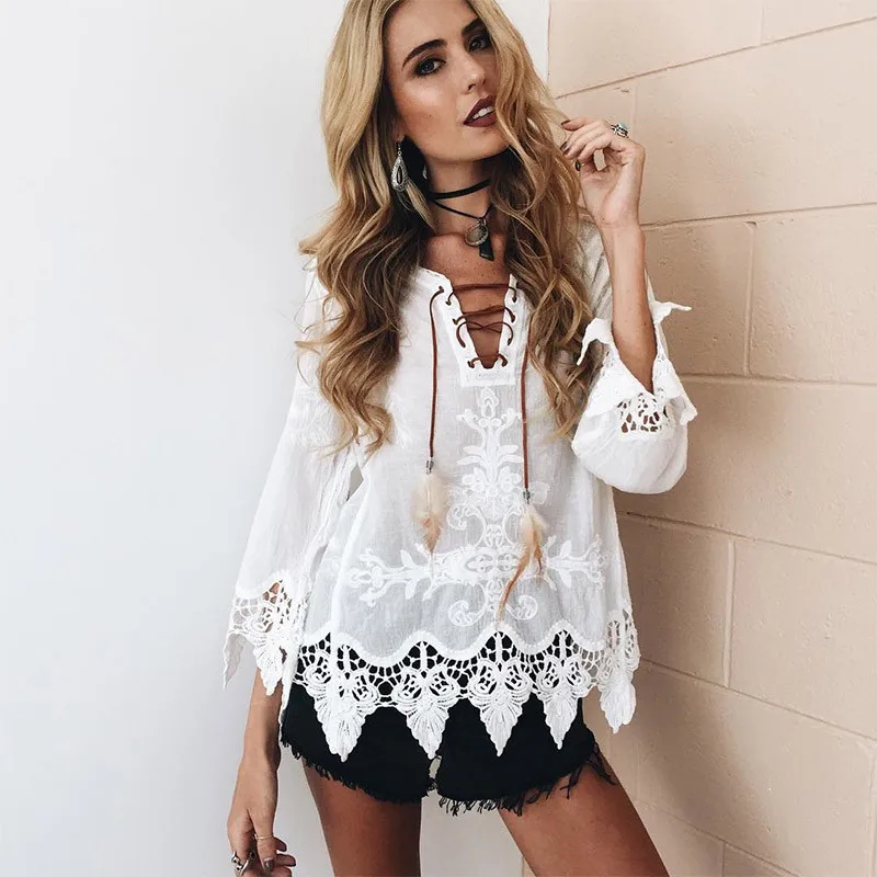 

Vintage White Black Lace Blouse & Shirt Fashion Gothic Long Sleeves Women Casual Summer Spring Top Shirt Short Beach Blouse