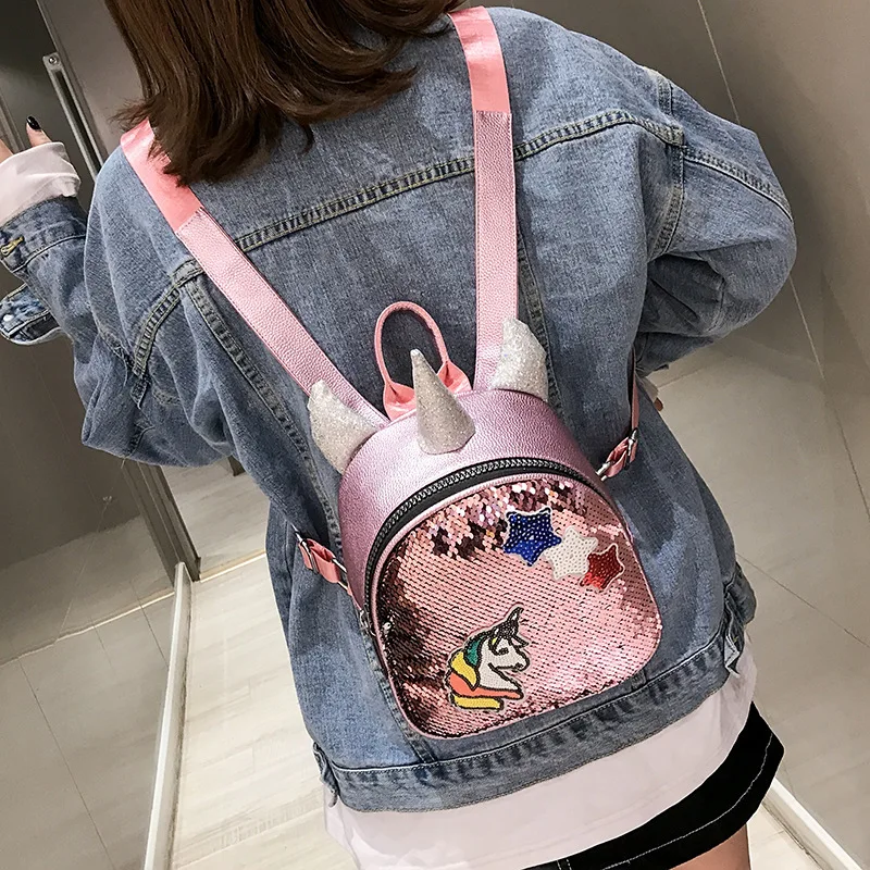 

2019 new unicorn pony backpack personality color change sequin backpack cute cartoon children bag travel backpack