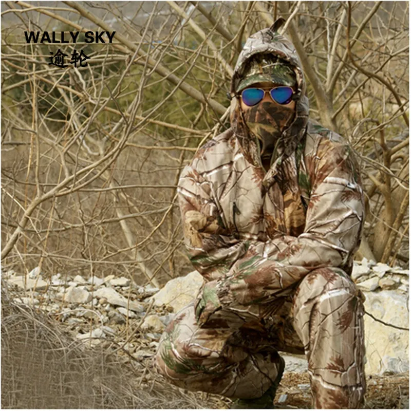 

Men Camouflage Hunting Suit Outdoor Jacket Pants Suspender Trousers Hooded Soft Shell Men Ghillie Suit Hunting Clothes Meash 4XL