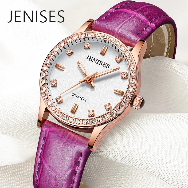 

JENISES Women Leather Quartz Watches Top Brand Luxury Waterproof Rhinestone Women Dress Wrist Elegant Watches Relogio Feminino