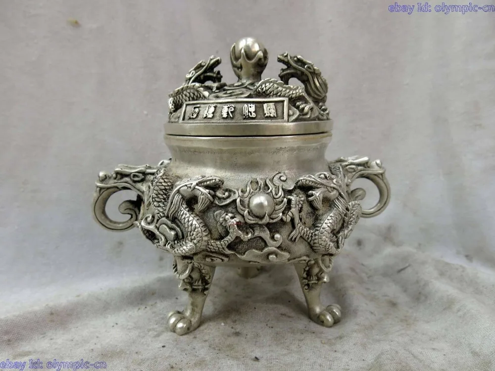 

China silver finely beautiful censer carved nine dragon play bead incense burner Garden Decoration Brass Bronze