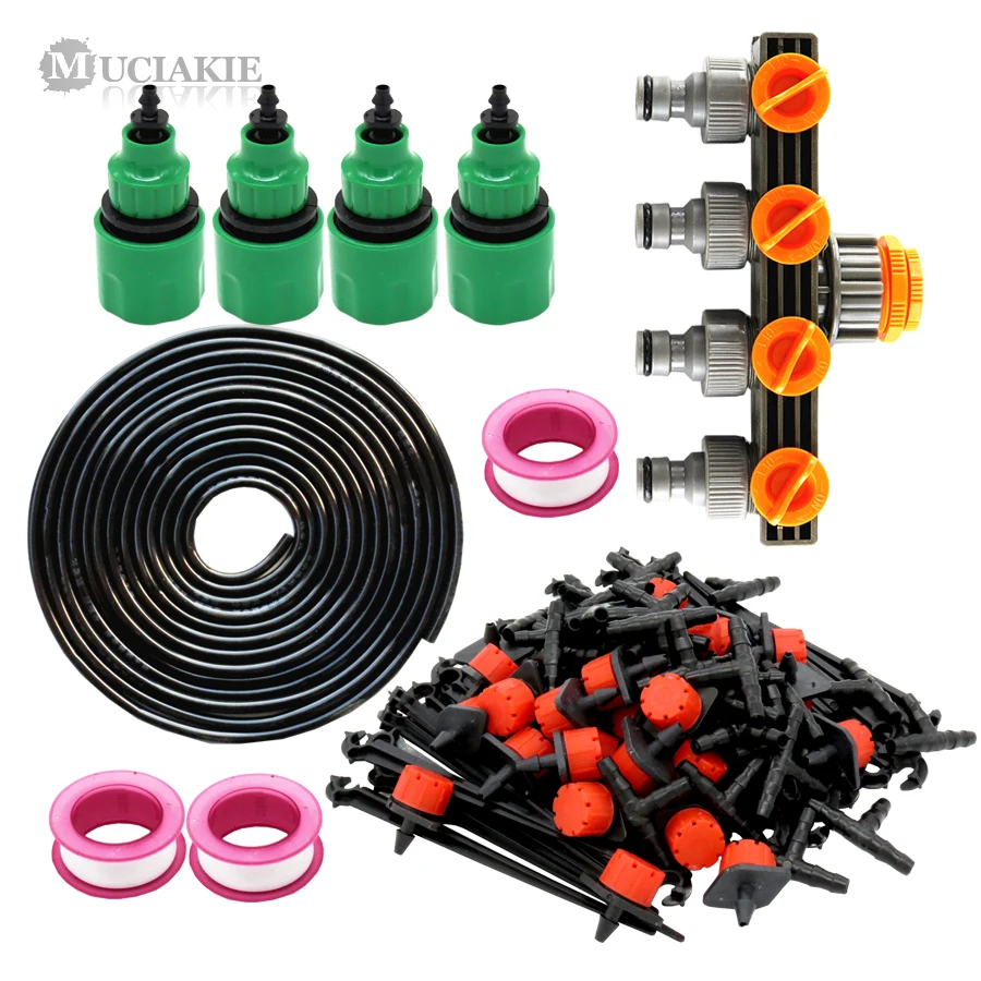 

MUCIAKIE 60M 50M 25M Garden Micro Drip Irrigation Kits with Shut Off 4 Ways Tap Connector 4/7 Hose Drippers Tee Fixed Base