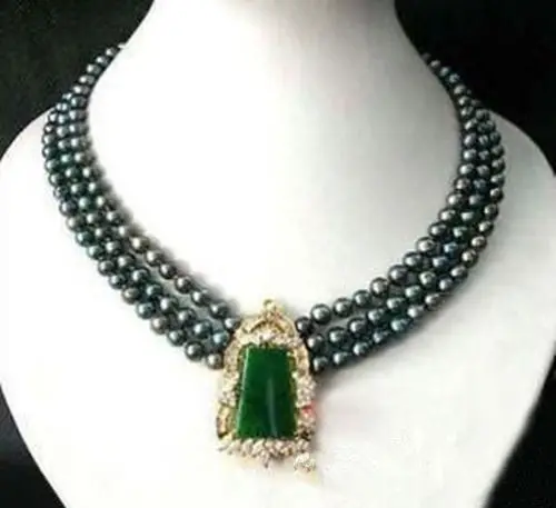 

Free shipping@@@@@ Hot 3 row black pearl green jade crystal pendant necklace ERE78ER7 a