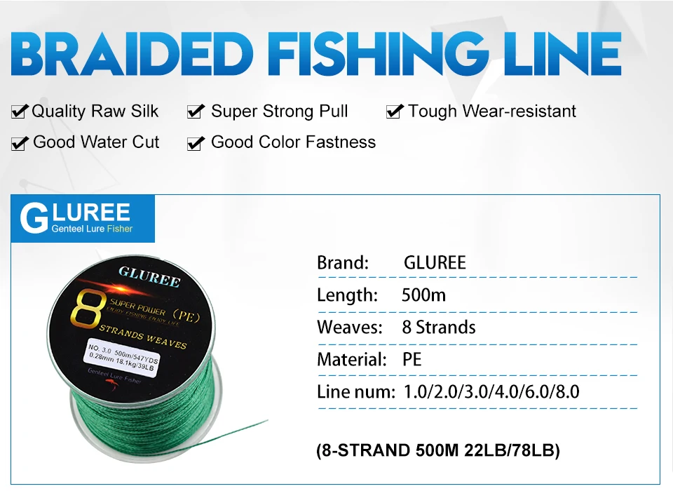 GLUREE 500M 547Yards 8 Stands PE Line Braided Fishing Line 100% PE Multifilament Fishing Line Super Strong High Quality 22-78LB (7)