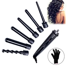 Набор для завивки волос 6 в 1 бочки Сменные разные размеры черный цвет перчатки подарок щипцы для завивки волос