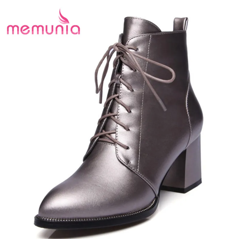 

MEMUNIA 2020 new ankle boots for women fashion cross tied boots autumn winter simple pointed toe thick heels boots