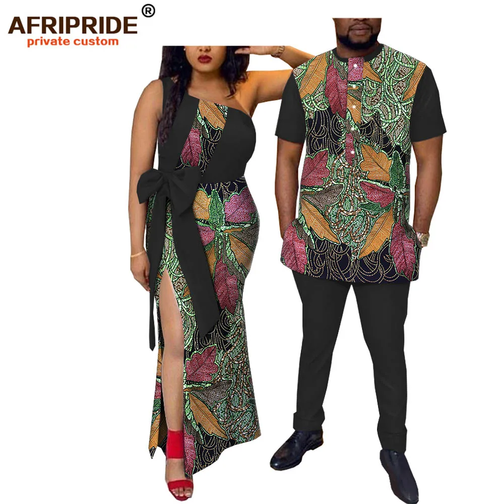 2019 Весна Африка ткань мужской комплект и женщин платье AFRIPRIDE с коротким рукавом мужская комплект + без рукавов Щиколоток Платье Женщины A18C003