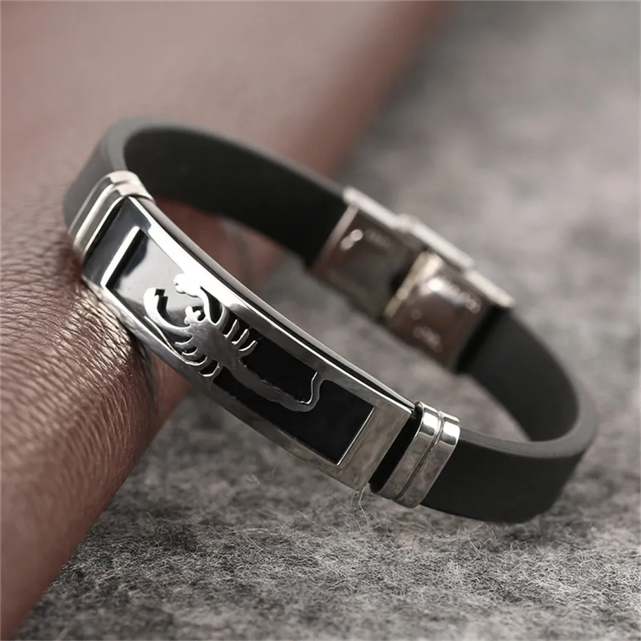 Silver Golden Scorpion Shape Fashion Silicone Stainless Steel Jewelry Rope Chain Sport Men Charms Bracelet Casual Couple Bangle (19)