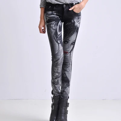 Черные джинсы для женщин, плюс размер, обтягивающие повседневные женские брюки-карандаш,, с бриллиантами, стразы, джинсы стрейч для женщин, WF129 - Цвет: 6115