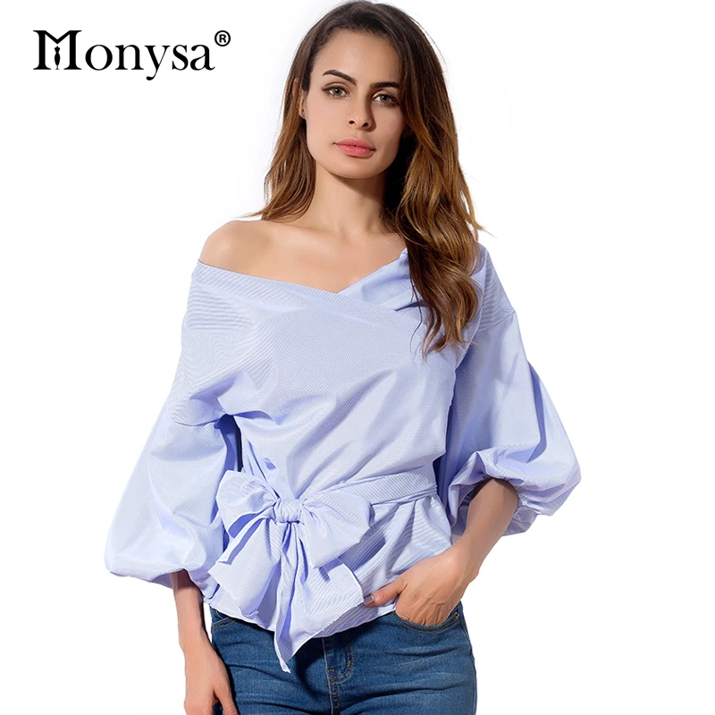

New Arrival 2018 Women Blouses Fashion Trends Off Shoulder Shirts White Blue Red Women Clothing Casual Tops Women With Bow