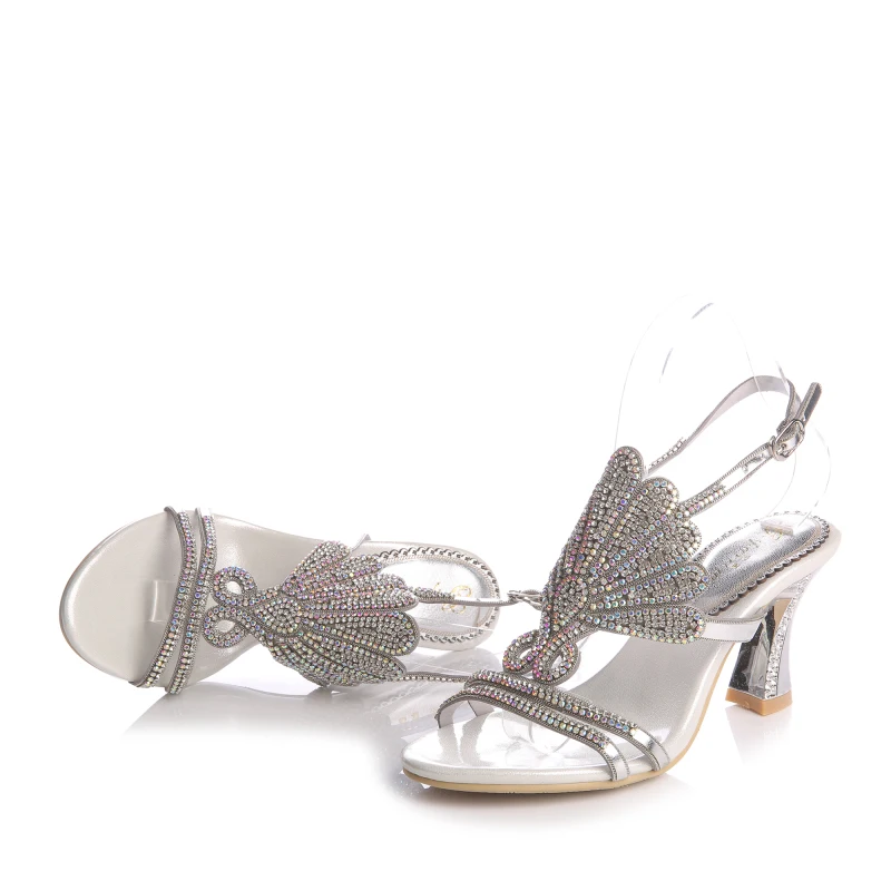 

2019 Fashion Silver Open Toe Thick Heel Sandals Retro High Heels Scallop Pattern Rhinestone Sandals Wild Wedding Shoes 8CM
