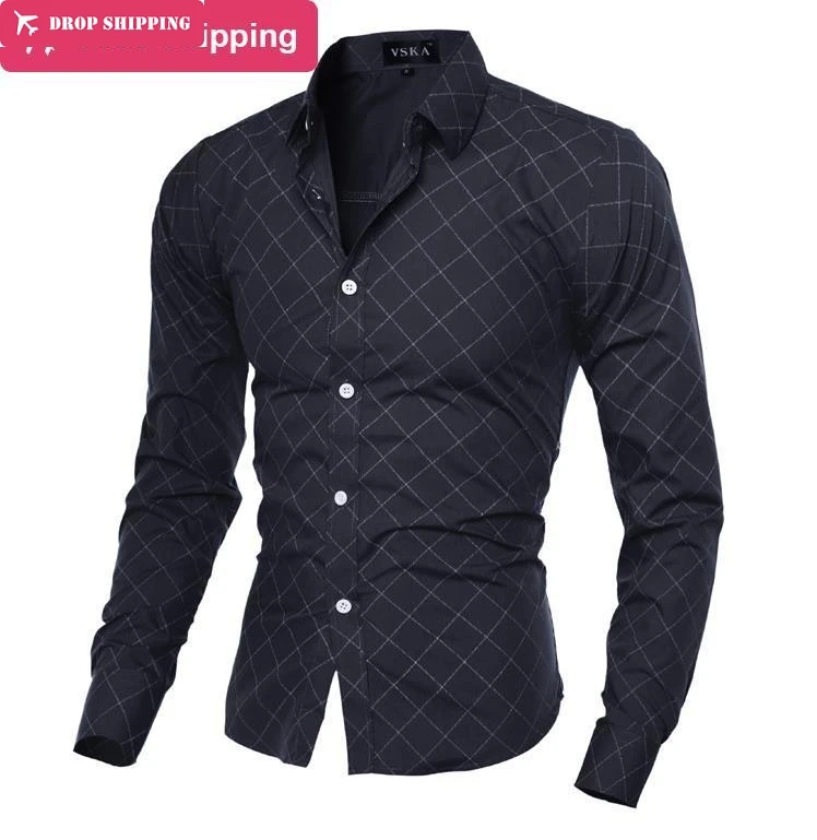 Прямая поставка camisa masculina мужская Повседневная рубашка с длинными рукавами и принтом Повседневная приталенная Мужская рубашка camisa social masculina