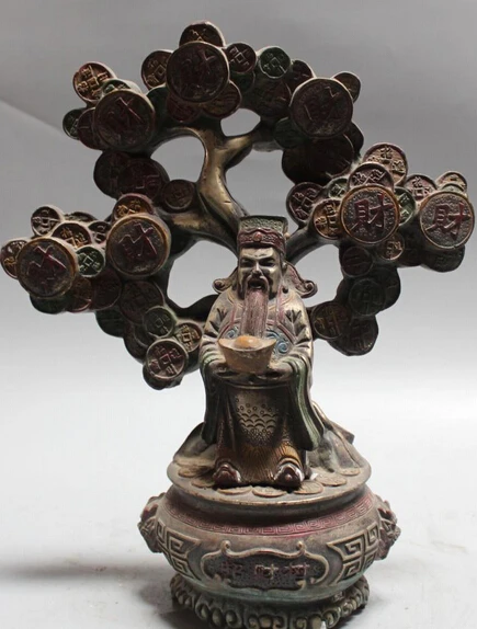 

12" Marked Silver Painting Wealth God Mammon Money Tree treasure bowl Statue R0709 Discount 35%