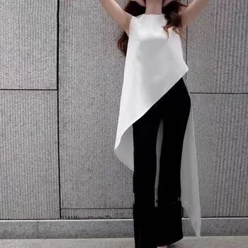 

2019 Fashion Summer New Solid Color Irregular Hem Sleeveless Vest Tide Tuxedo Chiffon Shirt Top Chiffon Blouse