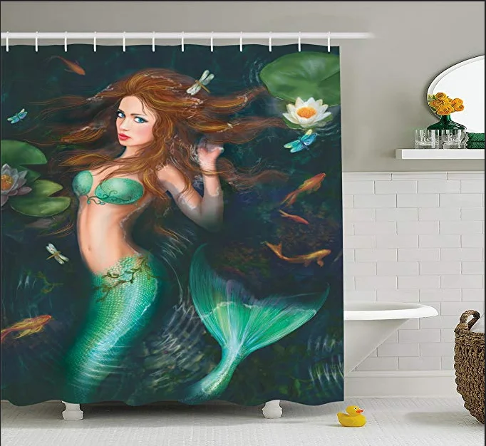 

Mature Sexy Mermaid Shower Curtain Set Green Girl Bathroom Curtain 3D